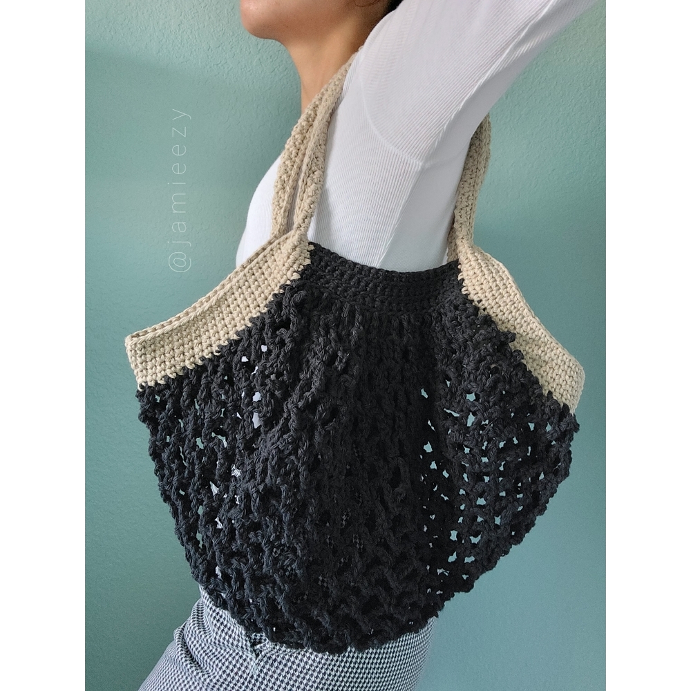 Crochet Farmers' Market Open-Weave Cotton Bag - Small, Black + Jute (Handmade) - Picture 2 of 8